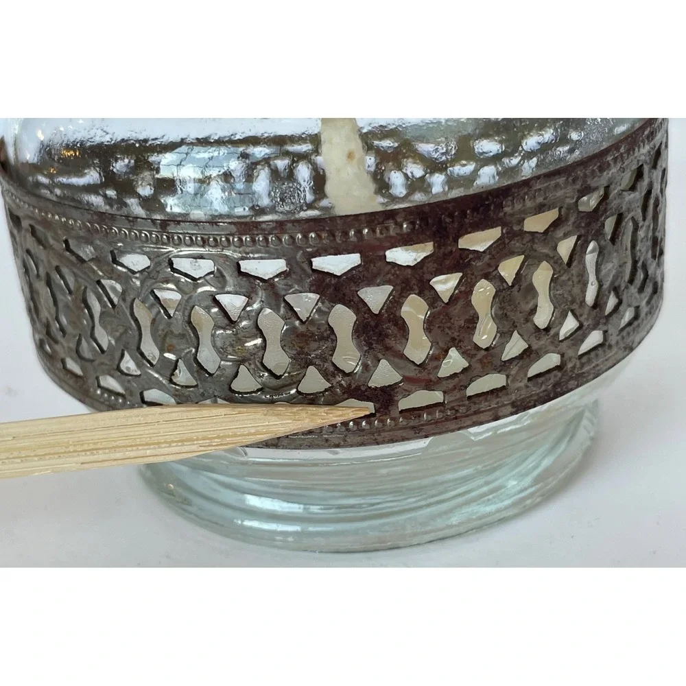 Vintage Lamplight Farms Glass Oil Lamp w/ Reticulated Metal Filigree Band 8.5